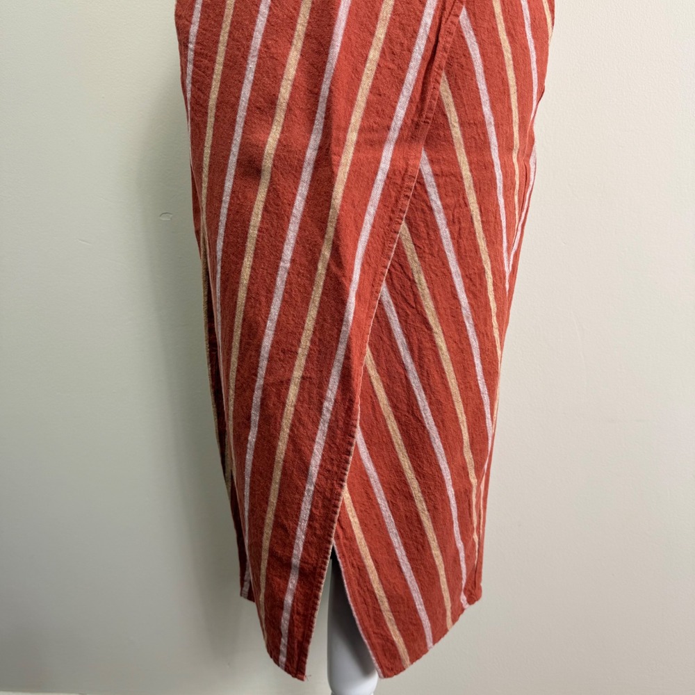 Madewell Rust Orange Striped Linen Blend Faux Wrap Midi Skirt with Pockets XS - Picture 5 of 11